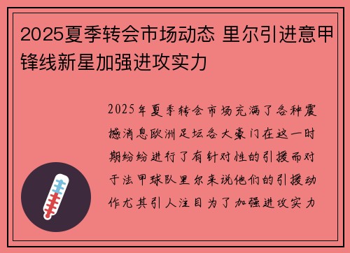 2025夏季转会市场动态 里尔引进意甲锋线新星加强进攻实力 2025夏季转会市场动态 里尔引进意甲锋线新星加强进攻实力