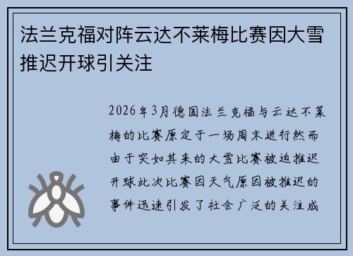 法兰克福对阵云达不莱梅比赛因大雪推迟开球引关注 法兰克福对阵云达不莱梅比赛因大雪推迟开球引关注
