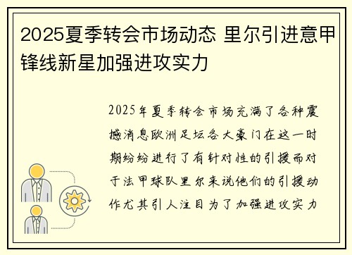 2025夏季转会市场动态 里尔引进意甲锋线新星加强进攻实力 2025夏季转会市场动态 里尔引进意甲锋线新星加强进攻实力