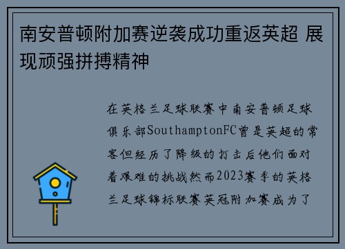 南安普顿附加赛逆袭成功重返英超 展现顽强拼搏精神