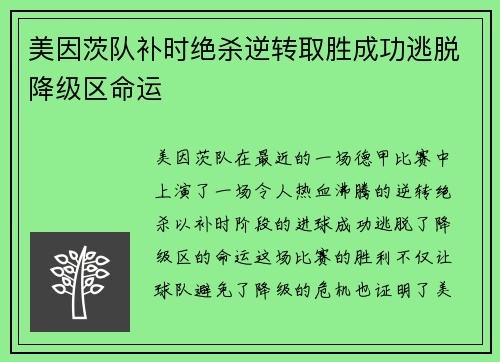 美因茨队补时绝杀逆转取胜成功逃脱降级区命运